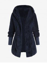 Plus Size Hooded Batwing Sleeve Open Front Plush Fluffy Coat -  