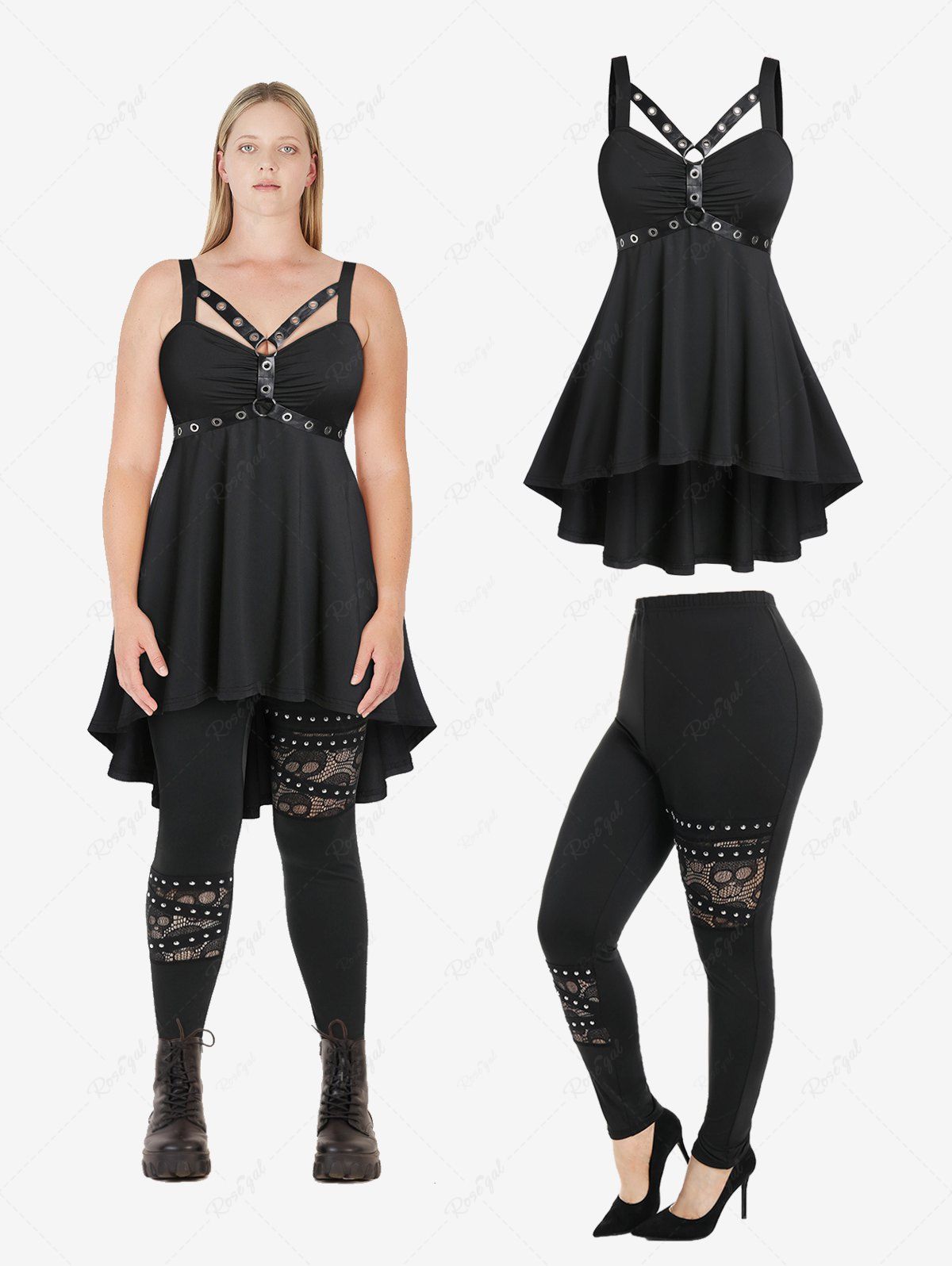 Hot Harness High Low Tank Top and Skull Lace Studded Pants Gothic Outfit  