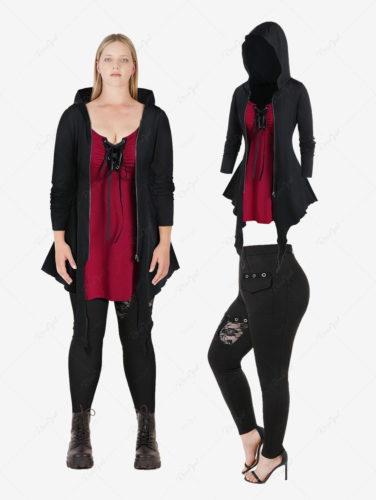 Outfit Hooded Asymmetric 2 in 1 Tee and Grommet Flap Pocket Pants Gothic Outfit  