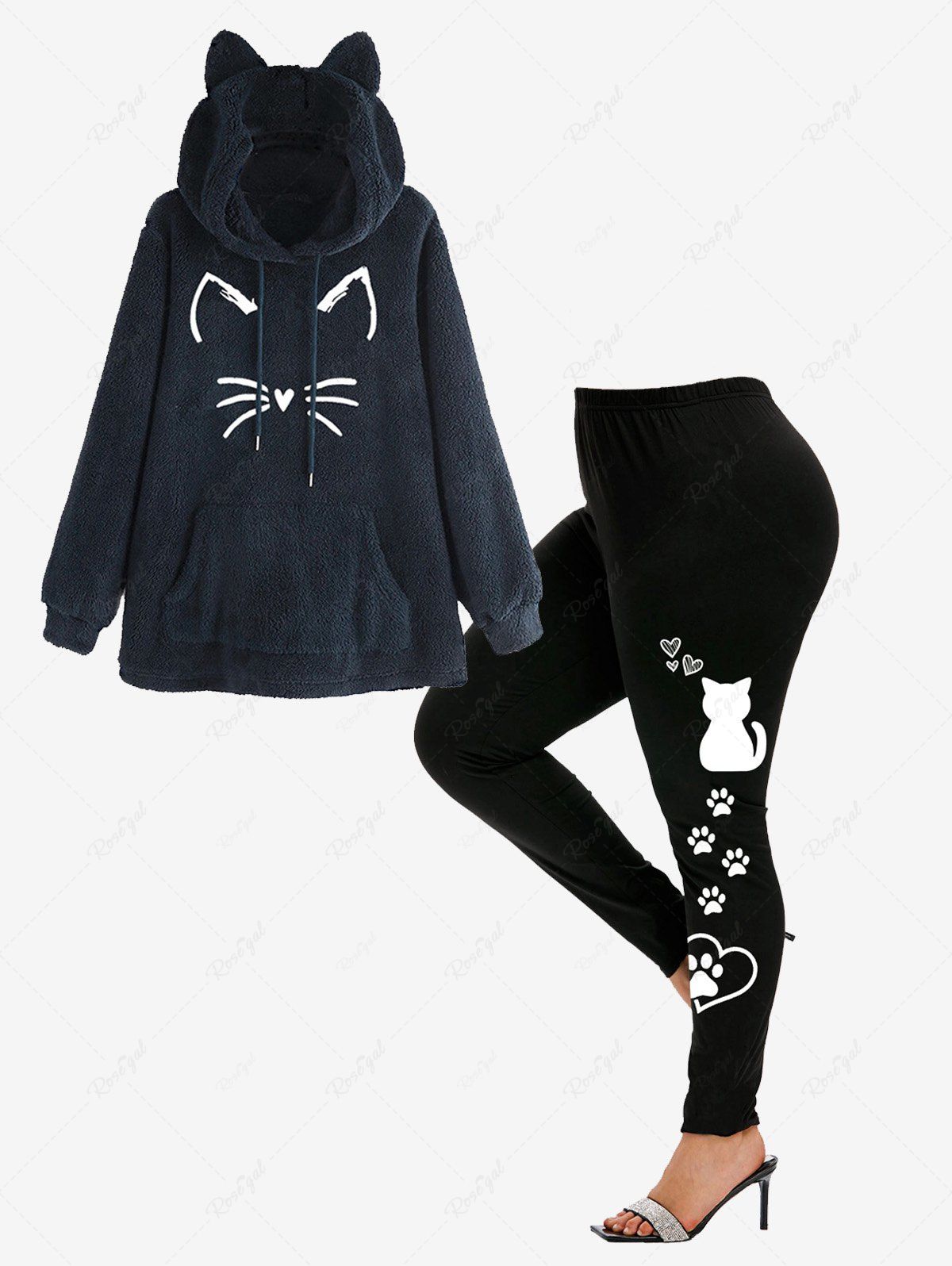 Chic Cat Graphic Fluffy Hoodie and High Waist Cat Paw Print Leggings Plus Size Outerwear Outfit  