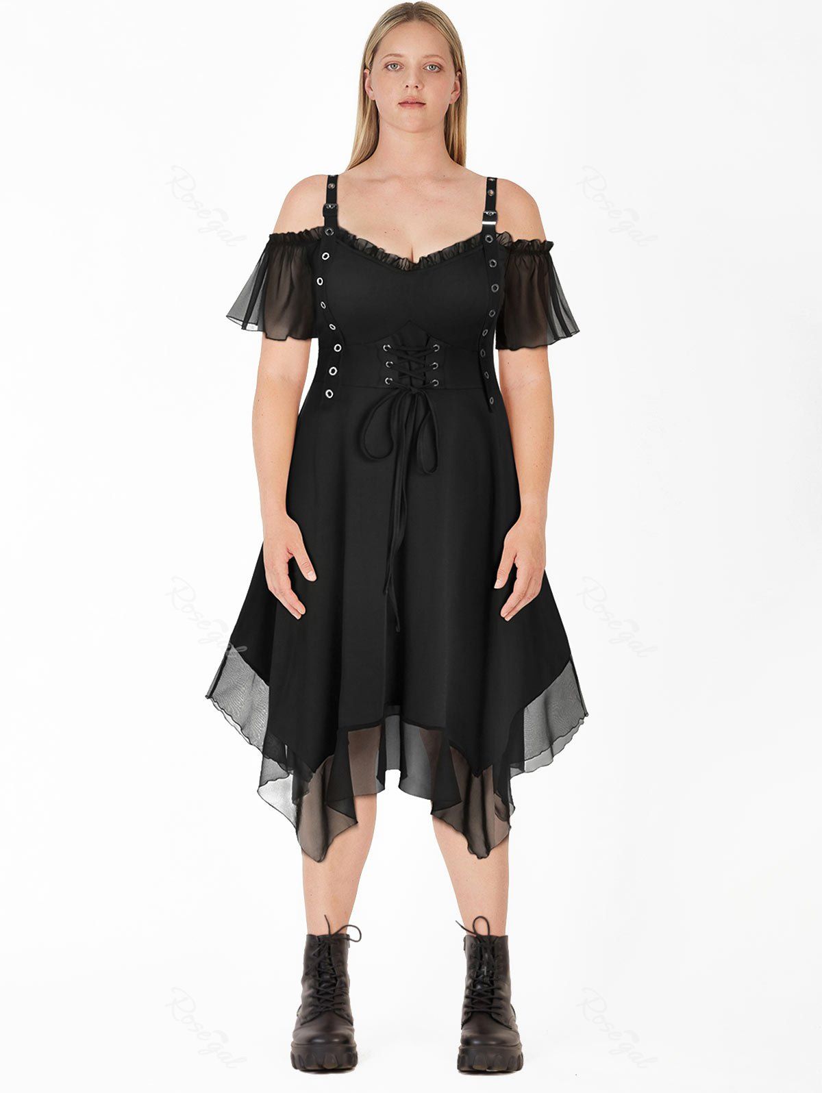 Mini Robe Mouchoir Gothique à Epaule Dénudée Grande Taille à Lacets avec Œillet Noir 