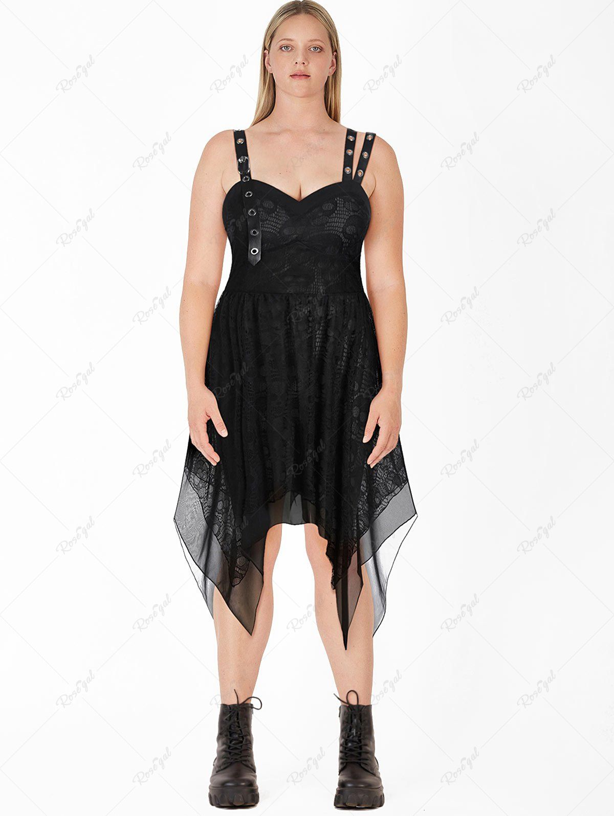 Robe Mi-Longue Gothique Mouchoir à Bretelle Bouclée de Grande Taille à Œillet Noir M | US 10