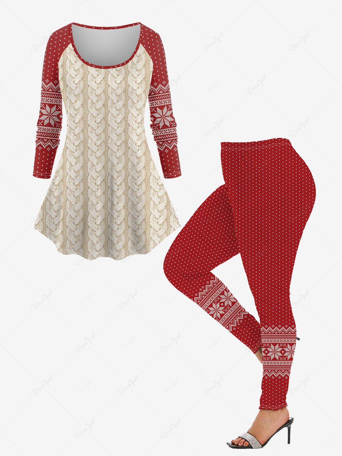 Ensemble de T-shirt en Tricot à Câble 3D Flocon de Neige de Noël et Legging de Grande Taille Rouge 