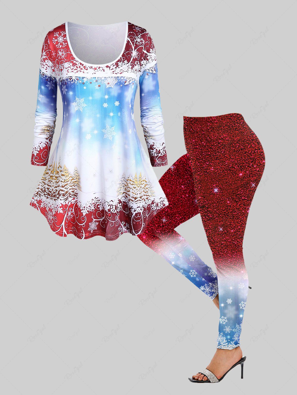 Affordable Plus Size Sparkles Snowflake Print Tee and Leggings Christmas Outfit  