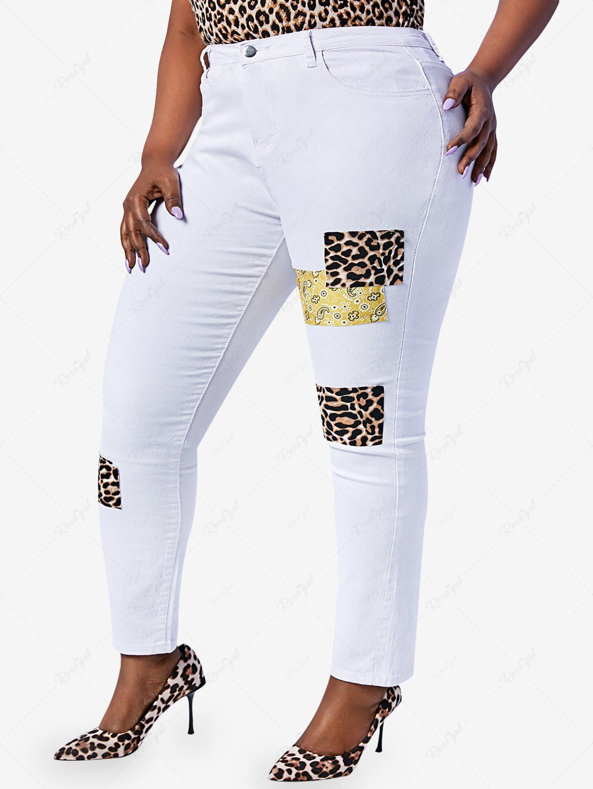 Chic Plus Size Leopard Paisley Patchwork Skinny Pencil Jeans  