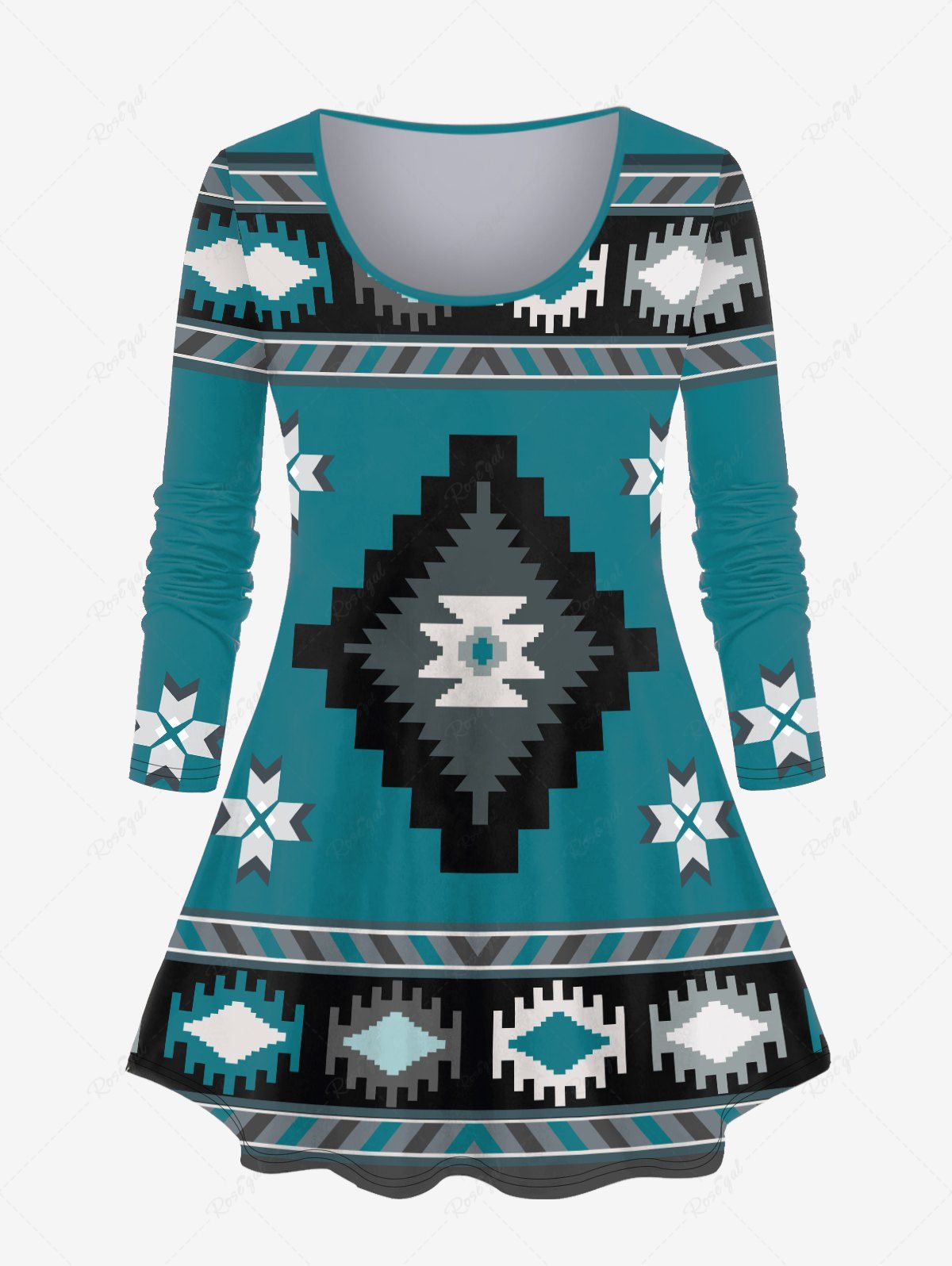 Outfits Plus Size Geometric Printed Colorblock Long Sleeves Tee  