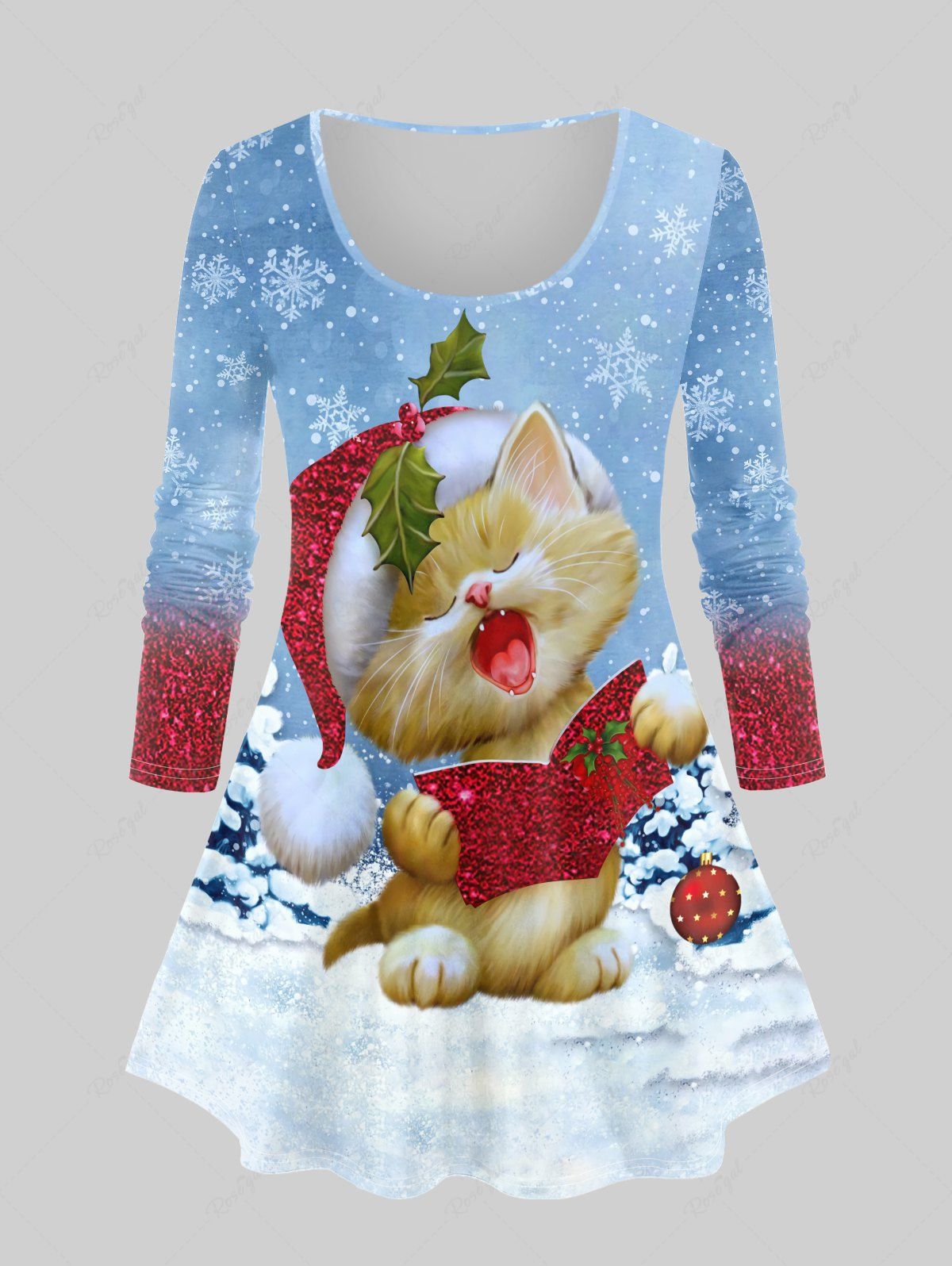 Trendy Plus Size Christmas Snowflake Cat Printed Ombre Long Sleeves Tee  