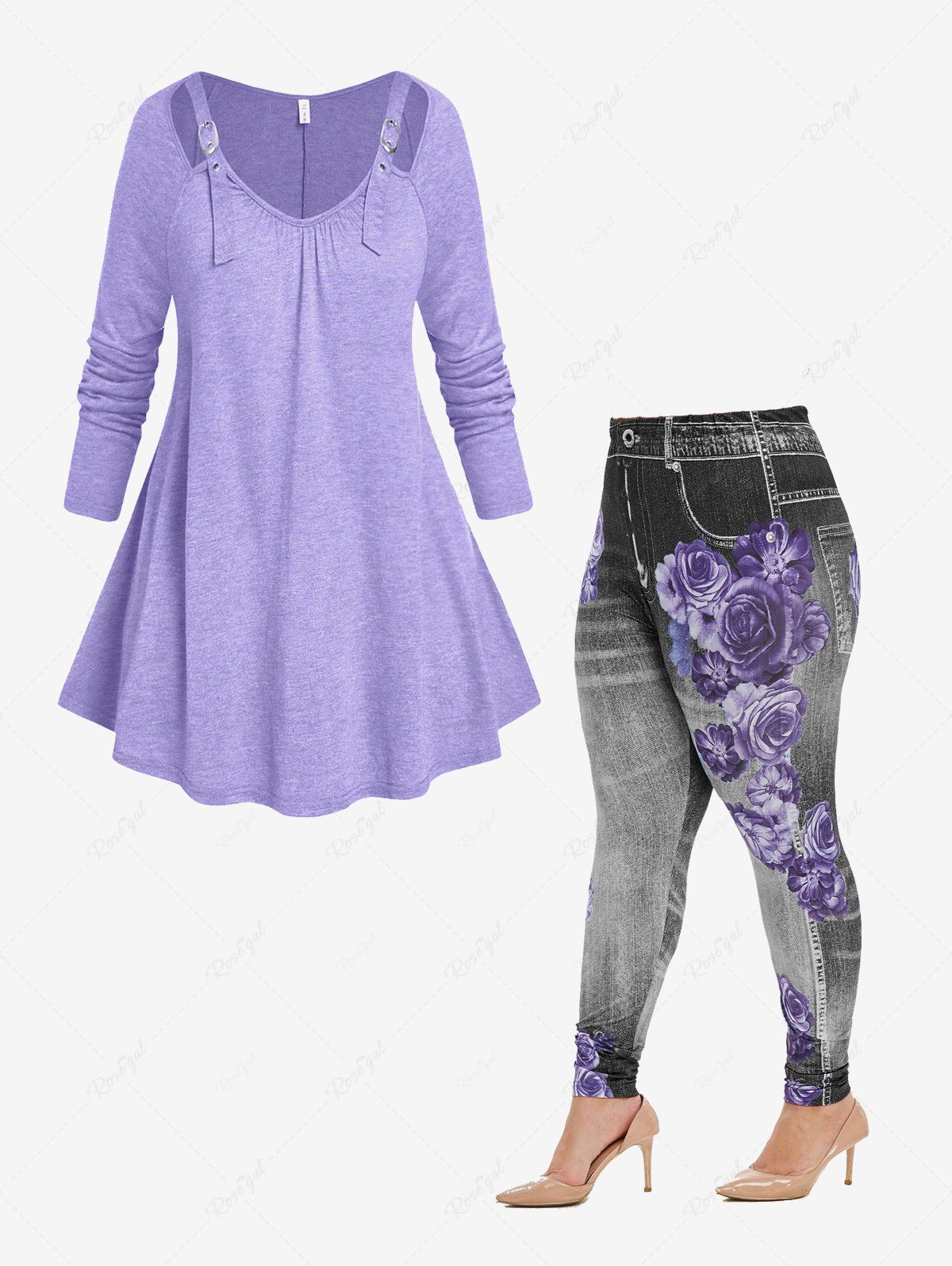 Outfits Plus Size Buckle Cutout Jersey Tee and Floral 3D Print Jeggings Outfits  