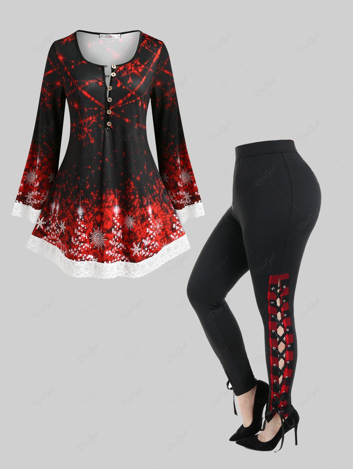 Latest Plus Size Christmas Snowflake Print Lace Trim T Shirt and Lace Up Skinny Pants Outfits  
