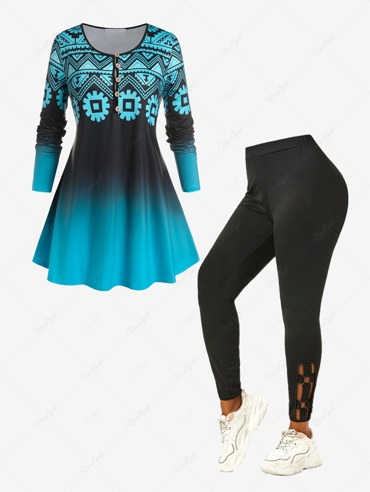 Online Plus Size Geometry Print Ombre T-shirt and O Rings Cutout Leggings Outfits  