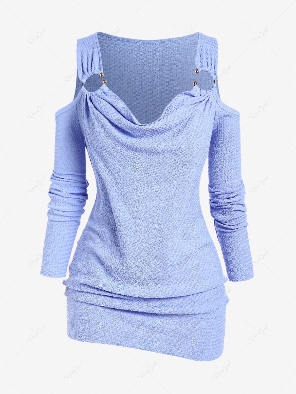 T-shirt Texturé à Epaule Dénudée de Grande Taille à Col U Bleu clair M | US 10