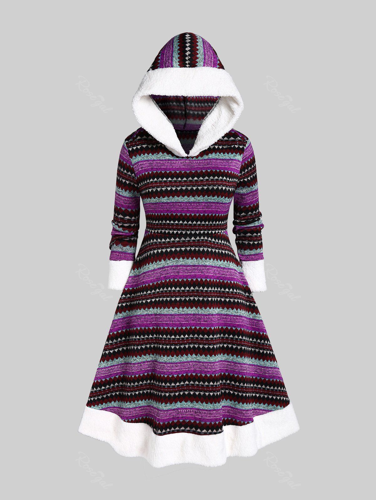 Fashion Plus Size Hooded Contrast Fluffy Trim Colorful Geometric Pattern Knit Dress  
