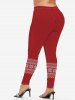 Ensemble de T-shirt en Tricot à Câble 3D Flocon de Neige de Noël et Legging de Grande Taille - Rouge 