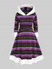 Plus Size Hooded Contrast Fluffy Trim Colorful Geometric Pattern Knit Dress -  