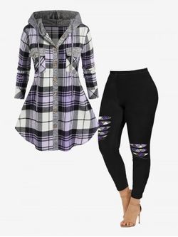Hooded Pockets Plaid Shirt and 3D Ripped Skinny Leggings Plus Size Fall Outfit - BLACK