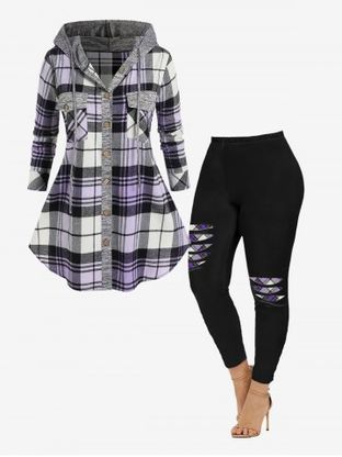 Hooded Pockets Plaid Shirt and 3D Ripped Skinny Leggings Plus Size Fall Outfit