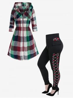 Madras Plaid Hooded Zip Up Coat and Flap Pockets Plaid Grommets Pants Plus Size Outerwear Outfit - MULTI-A