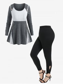 Mock Button Lace Insert Ribbed Sweater and High Rise Cutout Twist Leggings Plus Size Outerwear Outfit - GRAY