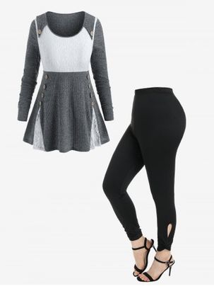 Mock Button Lace Insert Ribbed Sweater and High Rise Cutout Twist Leggings Plus Size Outerwear Outfit