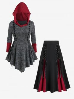 Gothic Thumb Hole Lace-up Colorblock Hooded Tee and Lace Up Godet Hem Midi Skirt Outfit - GRAY