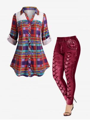 Plus Size Roll Up Sleeve Plaid Shirt and 3D Print Leggings Outfit