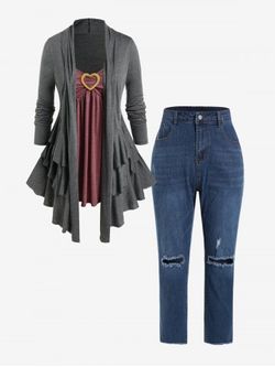 Plus Size Heart Ring Asymmetric Flounce 2 in 1 Tee and High Rise Jeans Outfit - GRAY