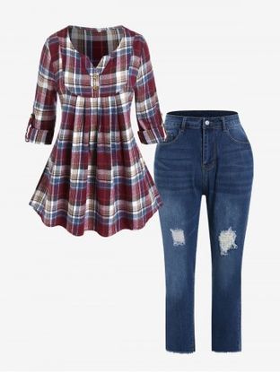 Plus Size Roll Up Sleeve Plaid Popover Blouse and High Rise Pencil Jeans Outfit