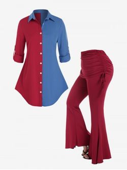 Colorblock Roll Up Sleeve Shirt and Bell Bottom Pants Plus Size Outfit - RED