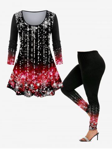 Plus Size Christmas 3D Sparkles Snowflake Lighting Printed Outfits - BLACK