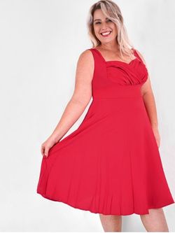 Plus Size Sweetheart Neck Ruched Bust Vintage Pin Up Dress - DEEP RED - 2X