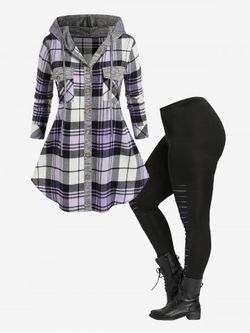 Hooded Pockets Plaid Shirt and Galaxy Ripped Skinny Leggings Plus Size Fall Outfit - LIGHT PURPLE