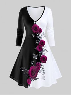 Robe Evasée à Imprimé Rose Papillon à Manches Longues de Grande Taille - BLACK - L | US 12
