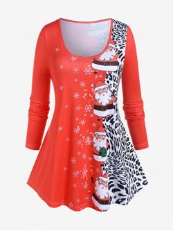 Plus Size Santa Claus Leopard Print Christmas T-shirt - RED - 5X | US 30-32