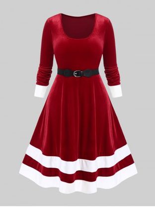 Plus Size Velvet Contrast Trim Vintage Dress with Buckled Belt