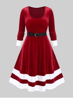 Plus Size Velvet Contrast Trim Vintage Dress with Buckled Belt - RED - 1X | US 14-16
