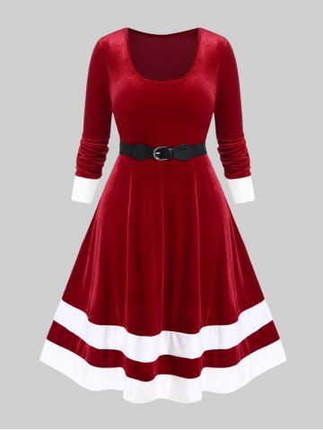 Plus Size Christmas Velvet Contrast Trim Vintage Dress with Buckled Belt - RED - 2X | US 18-20