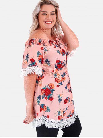 Plus Size Off The Shoulder Lace Up Floral Print Blouse