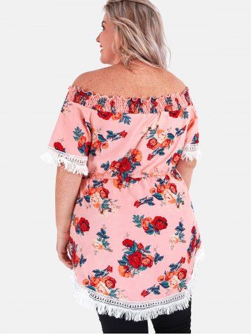Plus Size Off The Shoulder Lace Up Floral Print Blouse