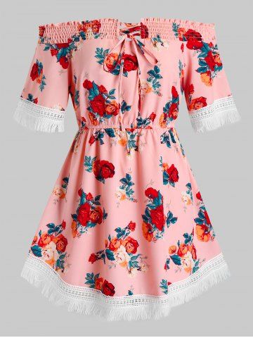 Plus Size Off The Shoulder Lace Up Floral Print Blouse