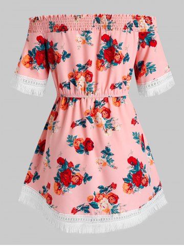 Plus Size Off The Shoulder Lace Up Floral Print Blouse