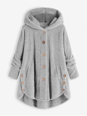 Plus Size Hooded High Low Fluffy Plush Coat - LIGHT GRAY - M