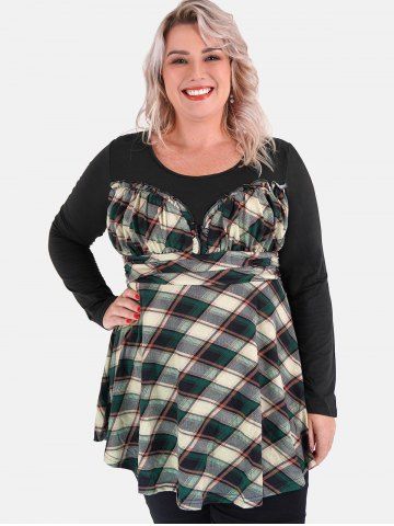 Plus Size Frilled Plaid Ruched Skirted Tunic Tee - DEEP GREEN - L