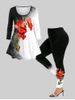T-shirt à Imprimé Fleur en Blocs de Couleurs et de Legging Moulant Grande Taille - Rouge 