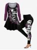 Skull Printed Colorblock Long Sleeves Tee and Skulls Flower Leggings Outfit -  
