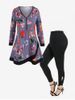 Floral Print Half Zip Blouse and Cutout Twist Leggings Plus Size Fall Outfit -  