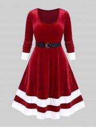 Plus Size Christmas Velvet Contrast Trim Vintage Dress with Buckled Belt -  
