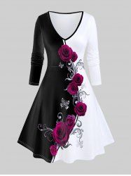 Robe Evasée à Imprimé Rose Papillon à Manches Longues de Grande Taille - Noir 5x | US 30-32