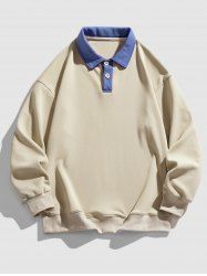 Color Spliced Polo Collar Sweatshirt -  