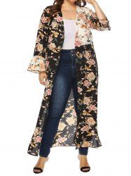 Plus Size Flower Print Flare Sleeve Open Front Slit Longline Top -  