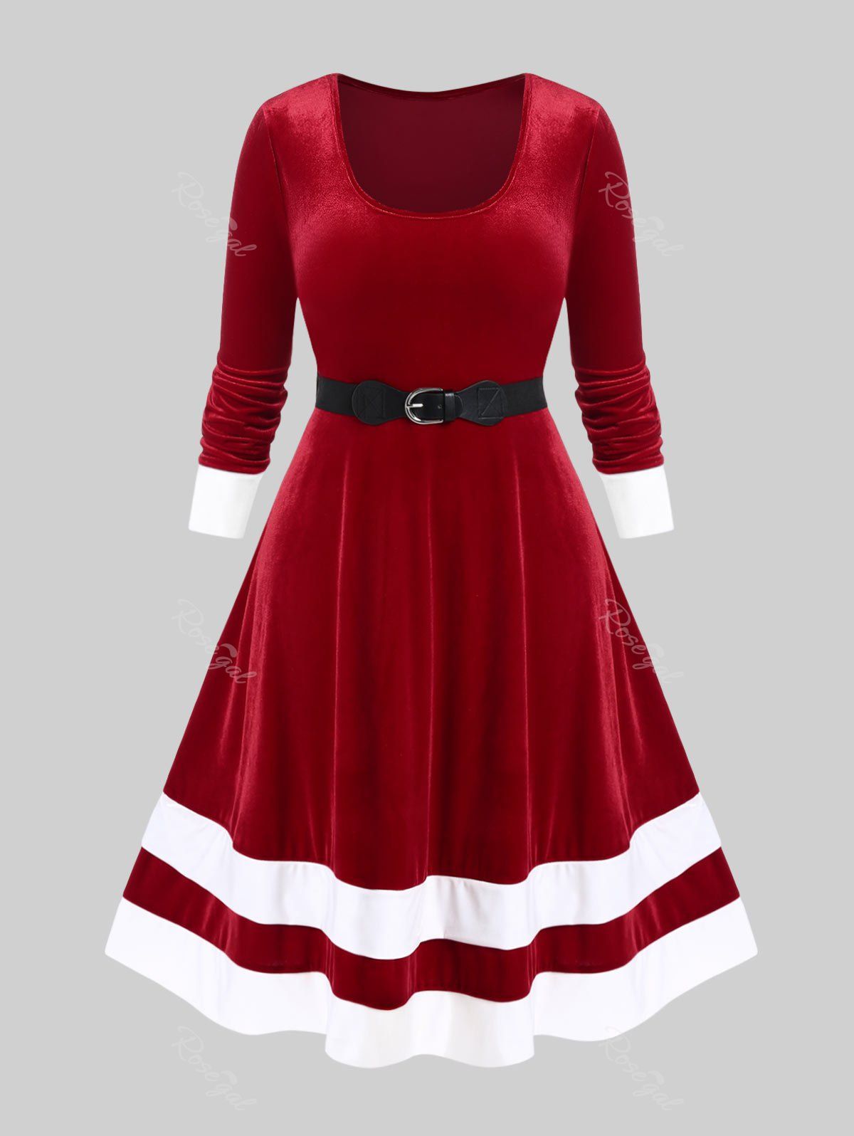 Outfits Plus Size Christmas Velvet Contrast Trim Vintage Dress with Buckled Belt  